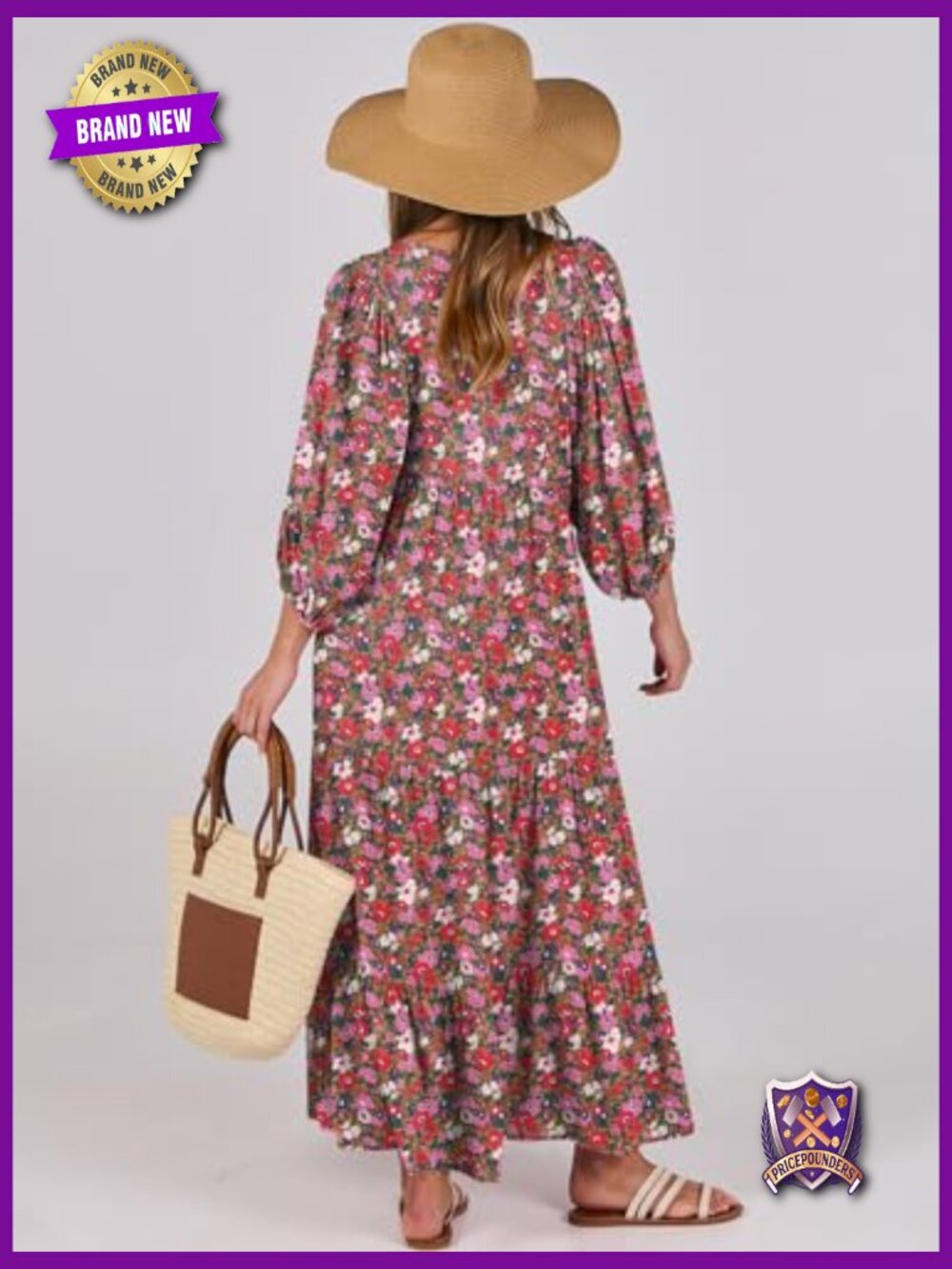 Boho V Neck Puff Sleeve Maxi Dress Flowy Tiered Ruffle - Picture 5 of 7